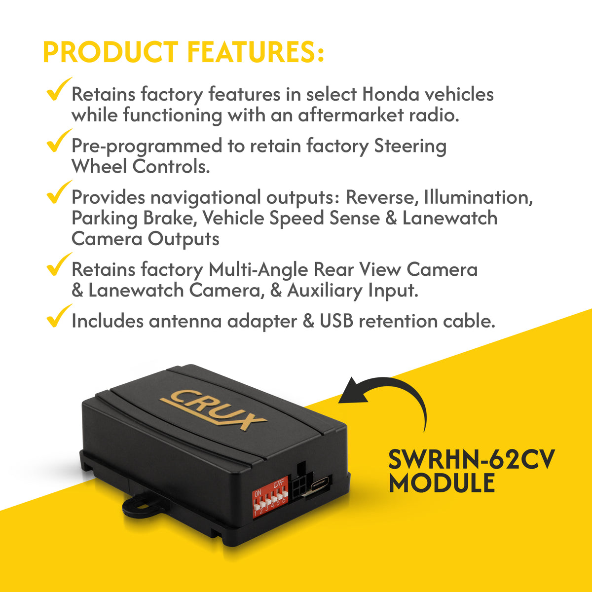 CRUX Interfacing Solutions SWRHN-62CV Radio Replacement with SWC, Multi-angle Backup & Lane Watch Camera Retention for Select HONDA CRV Vehicles 2016-UP — view 3