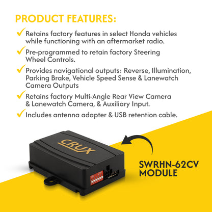 CRUX Interfacing Solutions SWRHN-62CV Radio Replacement with SWC, Multi-angle Backup & Lane Watch Camera Retention for Select HONDA CRV Vehicles 2016-UP — view 3