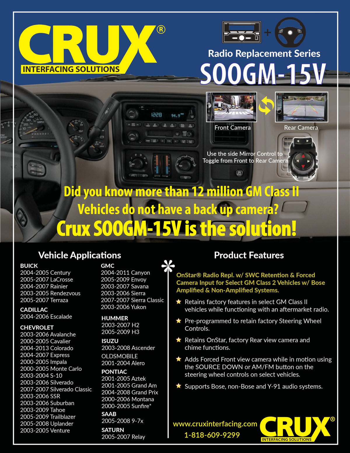 CRUX Interfacing Solutions SOOGM-15V OnStar® Radio Repl. w/ SWC Retention & Forced Camera Input for 2000-2013 GM Class 2 Vehicles w/ Bose Amplified & Non-Amplified Systems — view 3