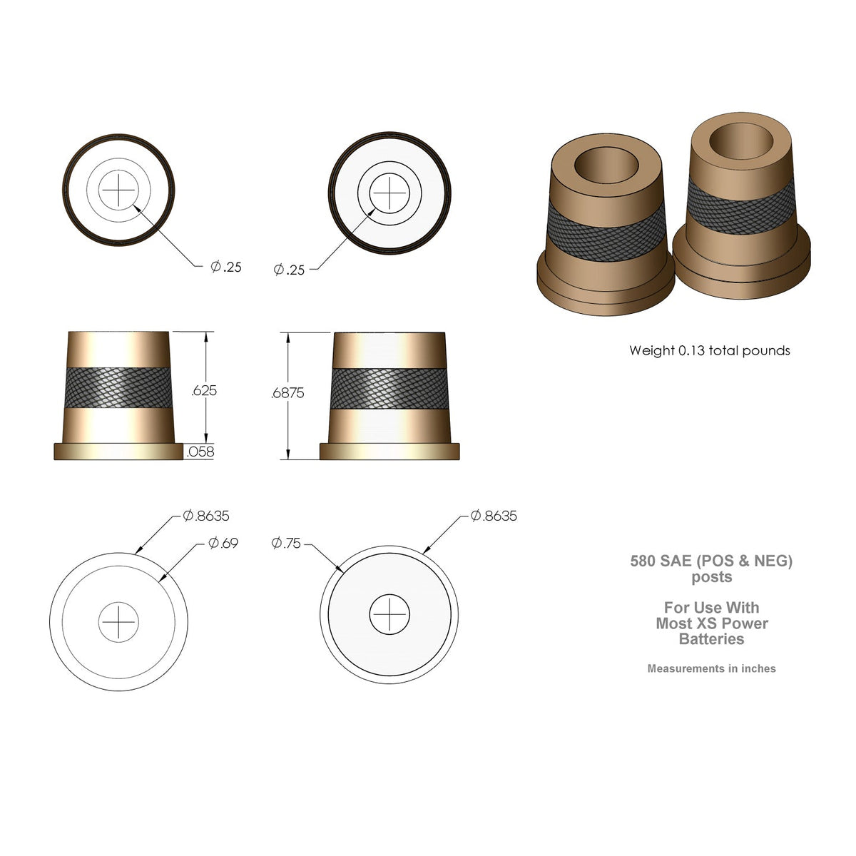 XS Power 580 Short Brass Post Adaptors M6 — view 5