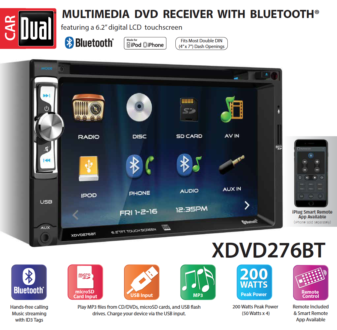 Dual Electronics 6.2″ AV DVD Receiver – XDVD276BT — view 1