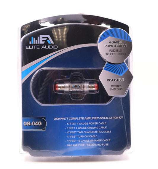 Elite Audio Entry Series Full Amplifier Install Kit - 2000W Max Power, 4-Gauge Power & Ground, Mini ANL Fuse & Holder, 17ft 2-Ch RCA Cable, 16-Gauge Speaker Wire (Model: EA-OB04G) — view 1