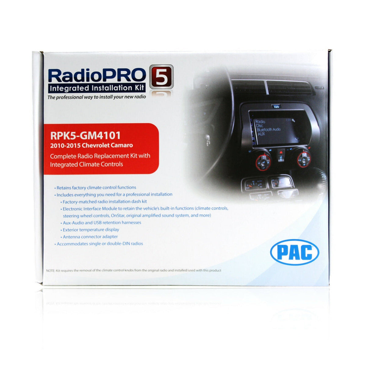 PAC RPK5-GM4101 Integrated Radio Replacement Kit with Integrated Climate Control Retention for 2010-2015 Chevrolet Camaro — view 1