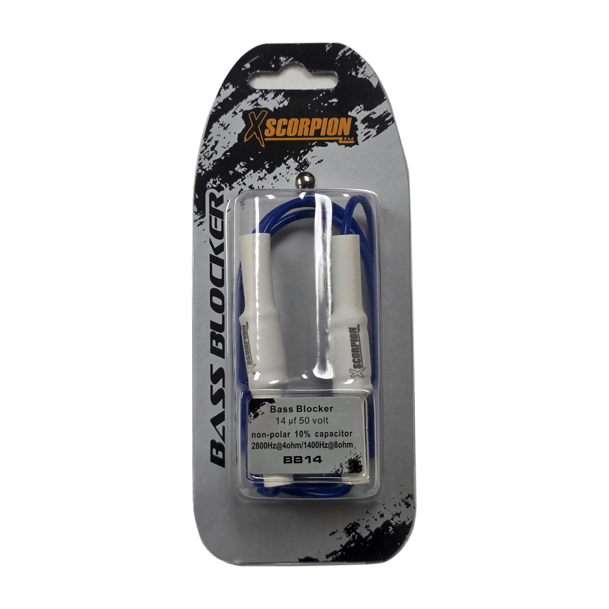 Xscorpion BB14 14uF 50V bass blocker pair in retail package, front