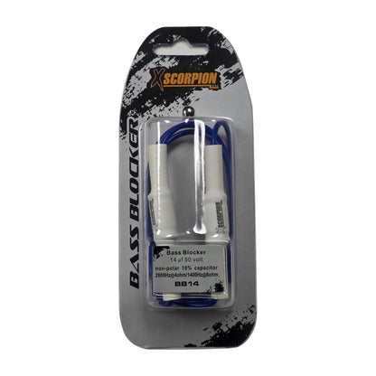 Xscorpion BB14 14uF 50V bass blocker pair in retail package, front